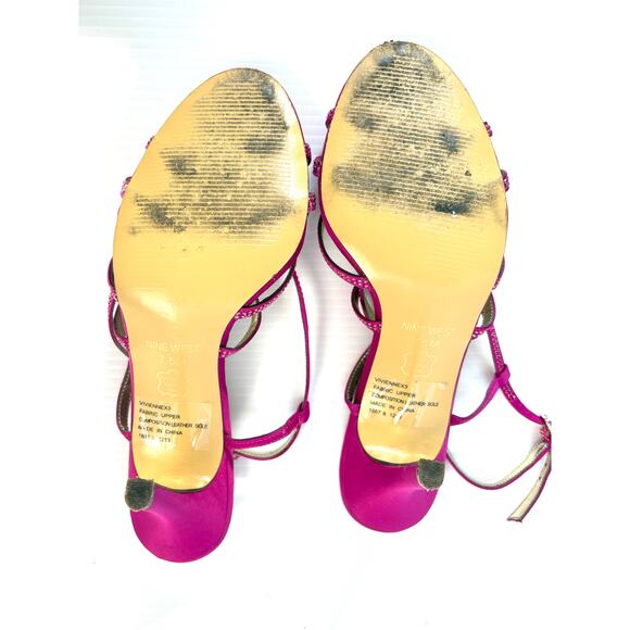 Nine West Hot Pink Rhinestone Satin Strappy Heels Evening Sandals Stiletto 7.5M - Picture 6 of 7